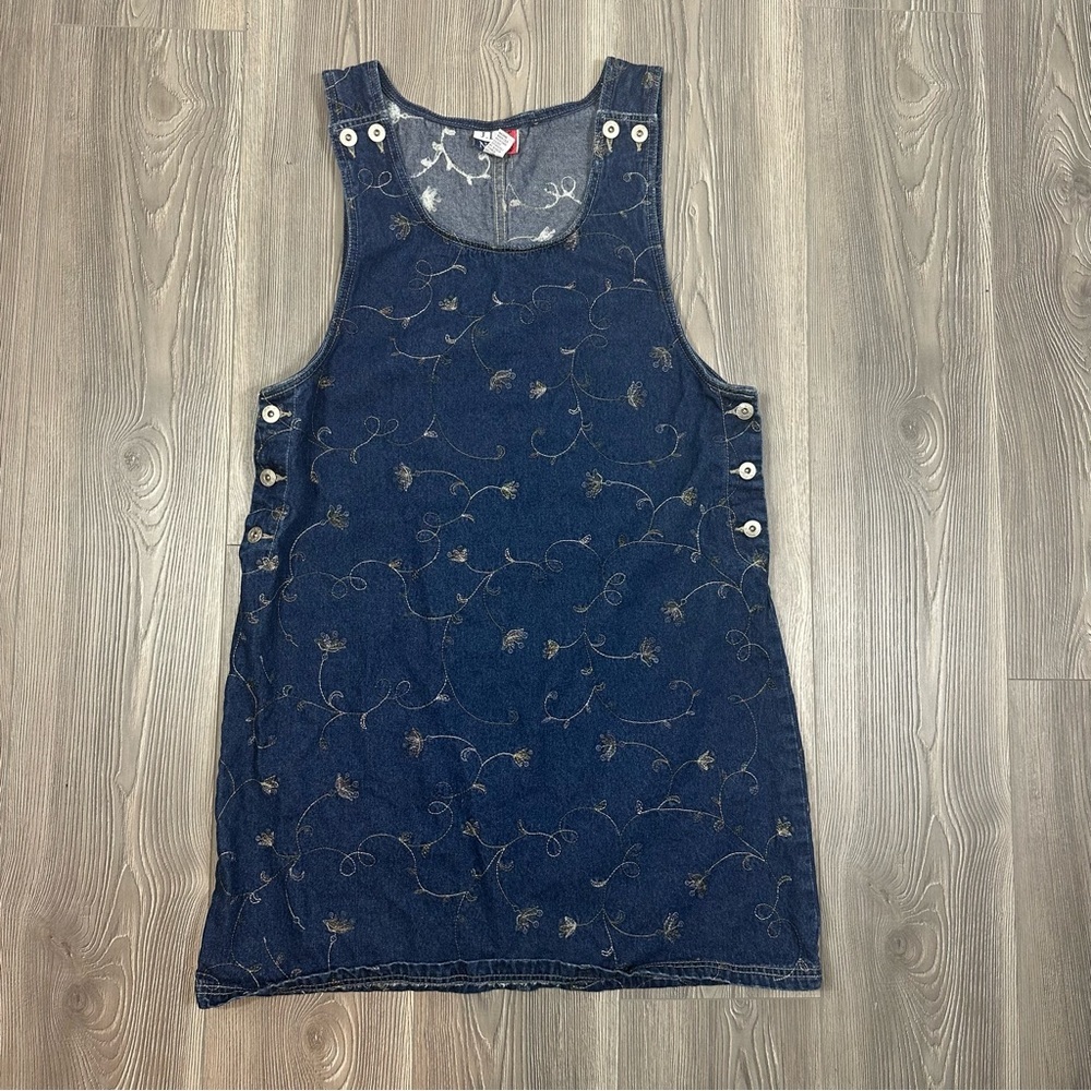 Vintage JL New York‎ Denim Mini Dress Large Floral Embroidery Y2K Sleeveless